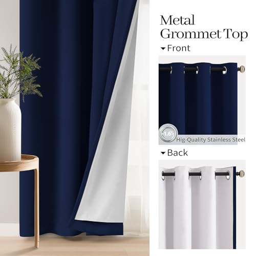 Image of COSVIYA Navy Blue 100% Blackout Curtains for Bedroom with White Back | 2 Thick Layers Full Room Darkening Thermal Insulated Curtain,Grommet Window Drapes for Living Room, 52x84 Inch, 2 Panels