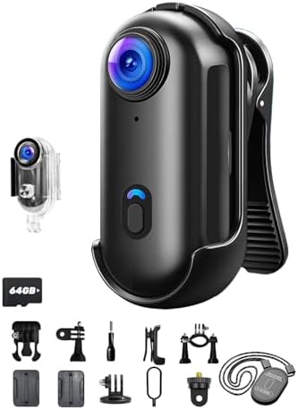 JIALAIWOWO 4K Action Camera with 64GB Card, Mini Body Camera with Audio Recording, Wi-Fi Magnetic Hands-Free POV Cam for Motorcycle Helmet Vlogging with Waterproof Case & 360° Rotatable Clip