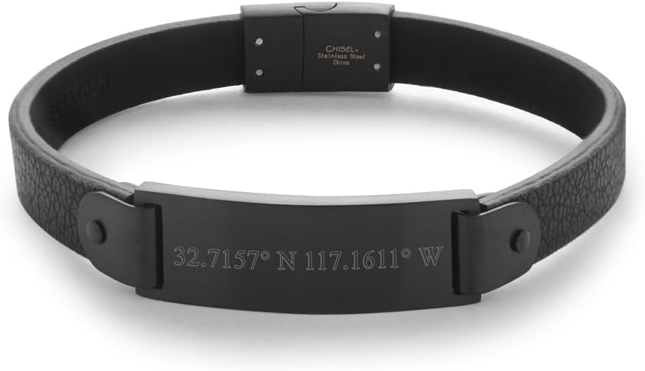 EVE'S ADDICTION Men's Custom Coordinate Black Stainless Steel Leather Bracelet - Personalized Men's Bracelet - Gift for Dad - Father's Day Gift - Gifts for Dad