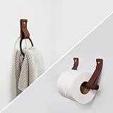 Small Bathroom 2 Piece Fixture Set Leather & Wood Toilet Paper Holder Black Hand Towel Ring hook wal