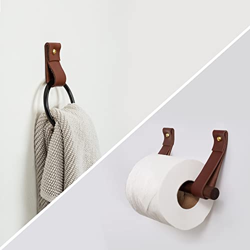 Small Bathroom 2 Piece Fixture Set Leather & Wood Toilet Paper Holder Black Hand Towel Ring Hook Wall Strap Modern Minimal Half Bath Design #TOP14