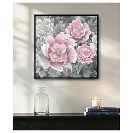 Pink Wall Art Bathroom Décor Modern Framed Floral Wall Picture Black and White Artwork Peony Flower Canvas Print for Bedroom Office Dining Room Décor Small