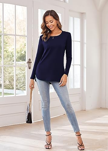Image of Herou Women's Casual Long /Short Sleeve T Shirt Crewneck with Side Split Fall Pullover Loose Tunic Sweater Tops