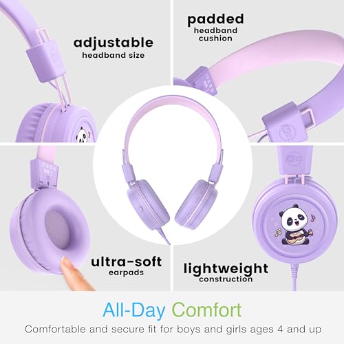 Image of MEE audio KidJamz KJ55 Wired Children's Headphones with 3.5mm Plug, Colorful Graphics, Volume Limiter & Microphone, Adjustable On-Ear Kids Headset for Online Learning /School /Travel /Tablet (Lavender)