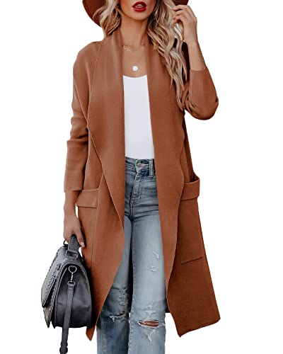 Women's Open Front Knited Loose Cardigan Casual Long Sleeve Draped Knit Pockets Long Jackets Sweater