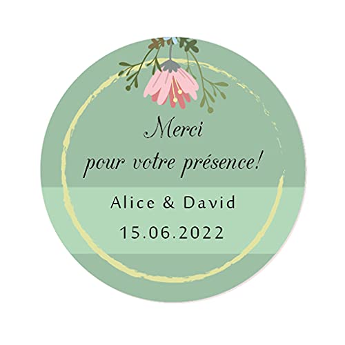 48 STICKERS étiquettes Autocollants PERSONNALISÉS, Merci pour votre présence! 40MM ROND floral Joints d'enveloppe de Mariage/Baptême/Communion/Anniversaire/Fête/cartes/dragees - Rd 259-009 Cover
