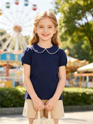 Image of Girls Peter Pan Collar Blouse Kids Short Sleeve School Shirt | Girls 12M-14Y preppy tee, scalloped Peter Pan collar, puff short /ruffle long sleeves. Breathable cotton for school & daily.