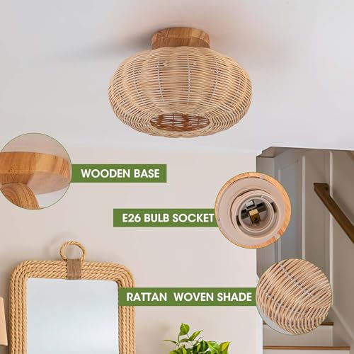 Rattan Ceiling Light Fixtures,Boho Chandelier Small Flush Mount Ceiling Light,12'' Handwoven Ceiling Lamps,Wooden Rattan Lampshade,Rustic Boho Ceiling Light for Bedroom,Hallway,Nursery,Farmhouse by OCWHT - Used condition - Image 7