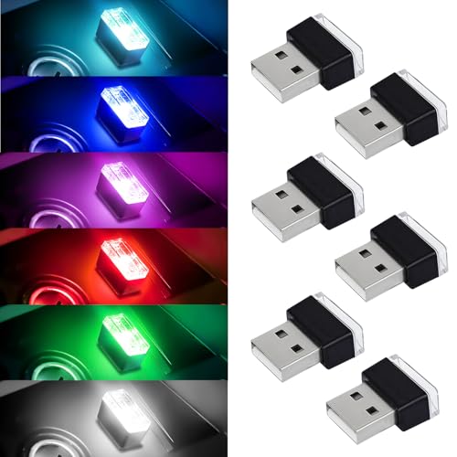 6 PCS USB LED Car Interior Atmosphere Lamp Portable Mini Auto LED Decor Night Light Plug-in USB Interface Ambient Lighting Kit Universal Car Interior Accessories (6 Colors)