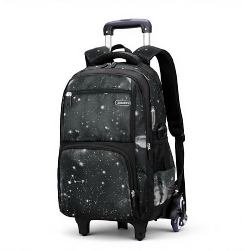 Image of PALAY Trolley School Bag Black Starry Sky 6-Wheel Backpack with Detachable Trolley Outdoor Large Capacity Nylon Trolly Backpack Multi-Compartments Waterproof School Bag with Wheels