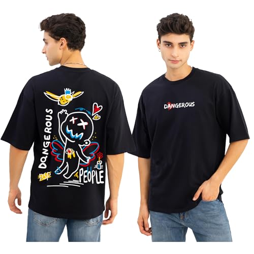 Image of Jump Cuts Mens Printed Round Neck 3-4th Sleeve Black, White Cotton Boxy Fit T-Shirt