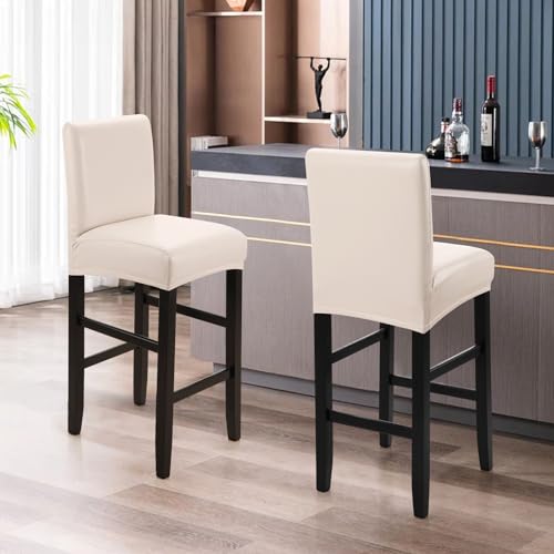 Image of YISUN Waterproof Bar Stool Covers, Pu Leather Counter Chair Cover Removable Washable Barstool Slipcovers, Stretch Pub Tall Chair Covers with Backs (2 Pack, Pale Beige)