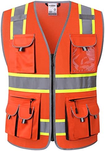 JKSafety 10 Pockets Hi-Vis Neon Color Frontal Zipper Mesh Safety Vest for Men Women Safety Utility for works Comply to ANSI/ISEA Class 2 (86-Orange L)