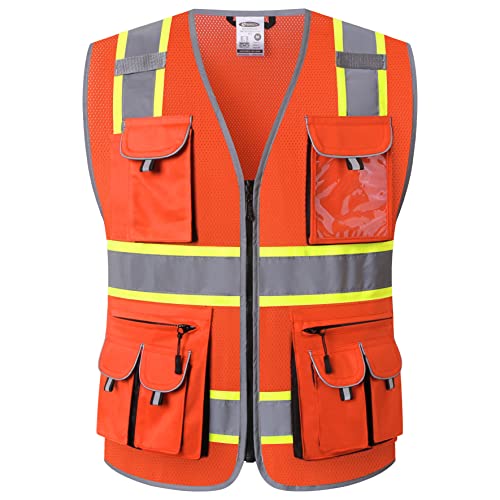 Jksafety 10 Pockets Hi-Vis Neon Color Frontal Zipper Mesh Safety Vest For Men Women Safety Utility For Works Comply To Ansi/Isea Class 2 (86-Orange L) #TOP12