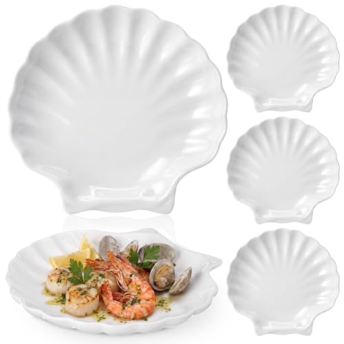 Jinei 4 Pcs 8 Inch Ceramic Shell Shaped Plates Ocean-themed Decorative Dishes Seashell Appetizer Plates for Snacks Desserts for Beach Coastal Wedding Party Decor