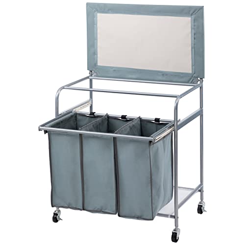 Alimorden Laundry Sorter With Ironing Board Rolling Laundry Basket With Side Pull 3-Bag Heavy-Duty Laundry Room Organizer Clothes Hamper With 4 Wheels And Lid Blue Grey #TOP7