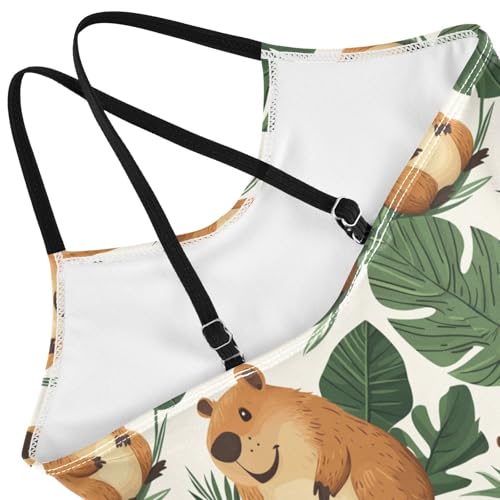 Pigsaly Girls One Piece Swimsuits Capybara Summer Palm Leaf Kids Cross Back Swimwear Toddler Beach Sport Bathing Suit 3T4