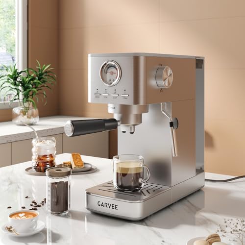 GarveeTech Bean to Cup Coffee Maker with Grinder & Milk Frother, 15-Bar Espresso Machine, 1.4L Stainless Steel Barista Coffee Maker for Latte & Cappuccino