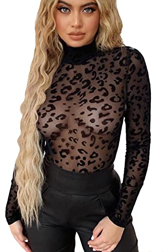 NBBNYJ Body Femme à Manches Longues Col Loupettes Dentelle Transparente Élégant Imprimé Zèbre Sexy Lingerie Bodysuit, Noir - 12, M Cover