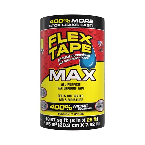 Flex Tape, MAX, Original Thick Flexible Rubberized Waterproof Tape - Seal and Patch Leaks, Works Underwater, Indoor Outdoor - Home RV Roof and Pool Repairs, Black, 8 in x 25 ft, Pack of 1