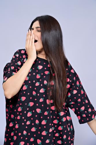 Image of LAMA STORE Women's Printed Oversized T-Shirt Dress, Cotton, 3 /4 Sleeve Length, Casual Loose Fit, Comfort Wear Extra Comfy Oversized Printed Pocket T-Shirt Dress