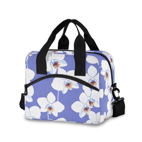Insulated Lunch Bag Reusable Cooler White Flower Purple Lunch Box Adjustable Shoulder Strap for Office Picnic School