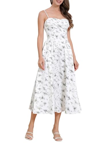 Image of ABEHIK Casual Dresses for Women Boho Spaghetti Strap Corset Midi Dress with Pockets Low Cut Flowy Pleated Bustier Sundress