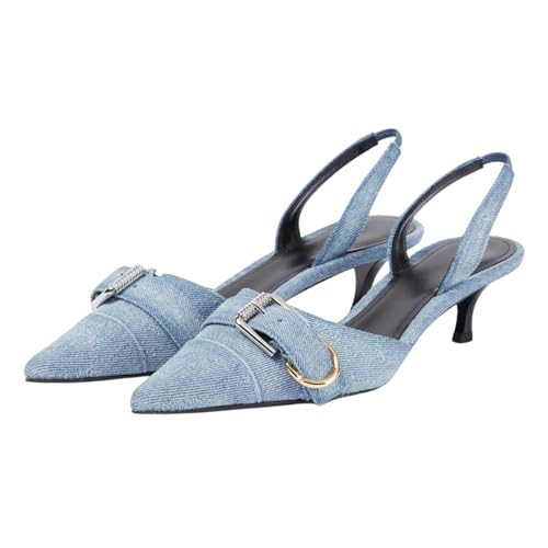 Goolita Denim Slingback Kitten Heels For Women, Pointed Toe Metals Buckle Heeled Sandals Strappy Slip on Office Dress Pumps Shoes