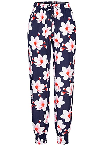 Cloud 5ive Pantaloni da donna in viscosa con polsini, 2 tasche e stampa floreale, colore: nero, blu/bianco, M