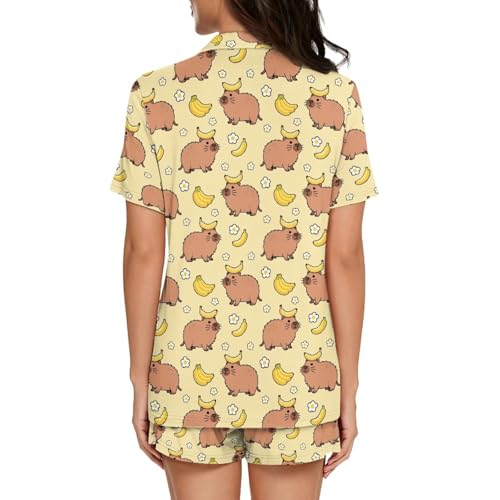 Image of Women's Short Sleeve Sleepwear Button 2 Piece Plus Size Pajamas Casual Soft Stretchy Funny Nightwear with Pockets