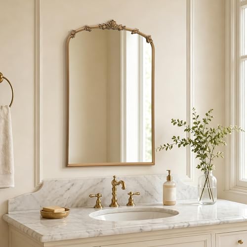 Image of Besdomus Vintage Gold Mirror for Bathroom: 24 inchx36 inch Ornate Arched Mirror | French Baroque Antique for Wall /Mantel /Bedroom /Entryway /Vanity /Hallway - Ideal for Fashion- Conscious