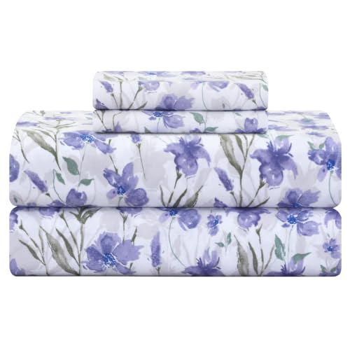 Feather & Stitch 300TC Queen Size 100% Cotton Sateen Weave Printed Sheet Set Cooling & Breathable Bed Sheets Set 4 Piece 16 Elastic Deep Pockets Soft Hotel Quality- Queen Indigo Floral