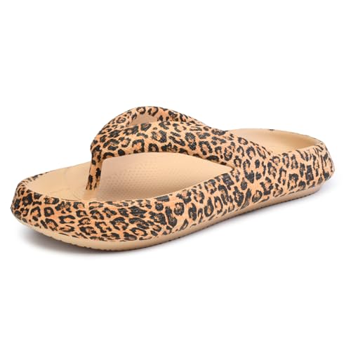 Leopard Print Flip Flops for Women & Men, EVA Soft Cloud Pillow Sandals, Non-Slip Platform Slippers, Cushioned Thong Slides for Indoor & Outdoor, Large Size ，Khaki, Gray, Pink, and Black2