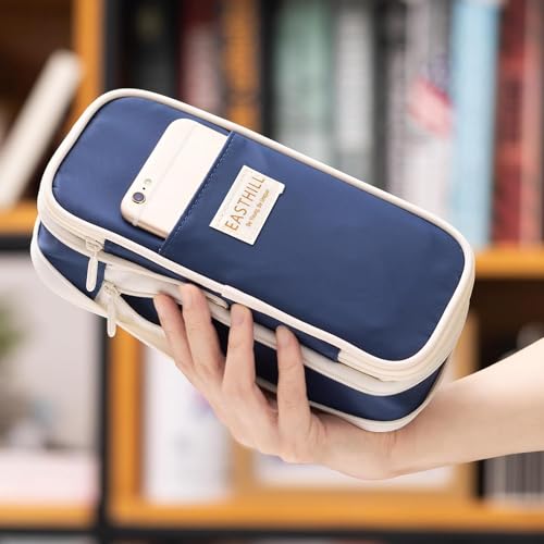 Image of EASTHILL Canvas Big Capacity Pencil Pen Case Office College School Large Storage High Capacity Bag Pouch Holder Box Organizer Dark Blue