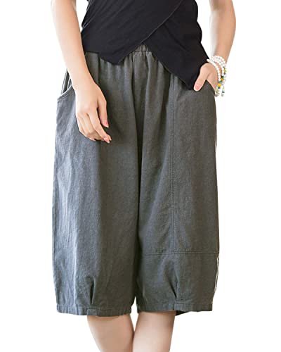 Aeneontrue Women's Summer Linen Shorts Elastic Waist Casual Wide Leg Bermuda Shorts With Pockets Gray M #TOP4