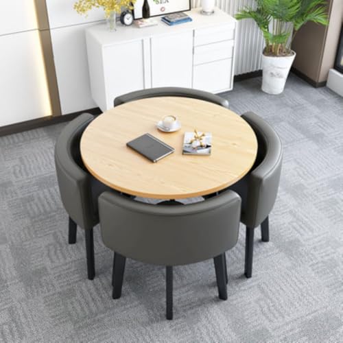 Image of Round Faux Marble Reception Table and Chairs Set, Dining Table Set for 4, Space Saving Reception Desk for Home and Apartment, Office, Conference Room, Lounge