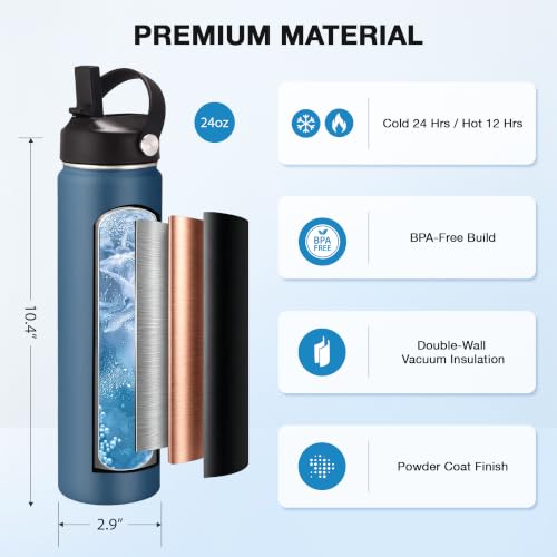 Image of Insulated Water Bottle 24 oz with Straw, Stainless Steel Wide Mouth Water Bottle, Double Wall Vacuum Leak Proof with Straw Lid & Spout Lid for Sports or Office, Keep Cold or Hot Up to 24 Hrs