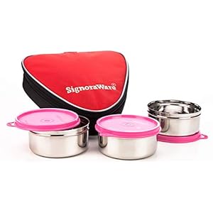 Signoraware Sleek Steel Lunch Box, Set of 3, Pink