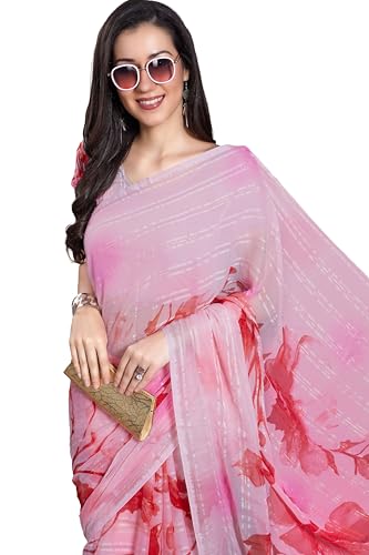 Image of RANI SAAHIBA Women's Printed Chiffon Saree Without Blouse Piece
