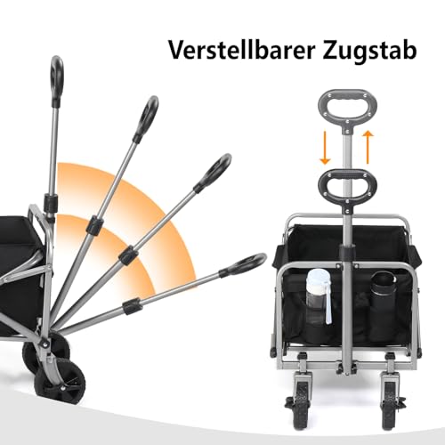 Bonnlo Bollerwagen Faltbar, 100 kg Tragkraft, 600D Oxford-Stoff, Handwagen, Transportwagen Klappbar, Gartenwagen für Camping, Einkäufe, Outdoor & Freizeit, Stahlrahmen, 74,5×45,5×84cm, Schwarz