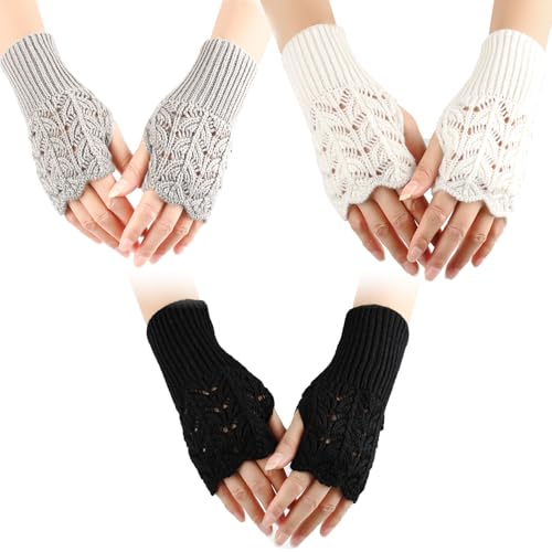 SPOKKI 3 Paar Fingerlose Handschuhe Damen 3 Farben Fingerless Gloves Bestickt Damen Thermo Gestrickte Fingerlos Winter Warme Pulswärmer Stricken Geeignet für Jungen und Mädchen Weihnachtsgeschenke