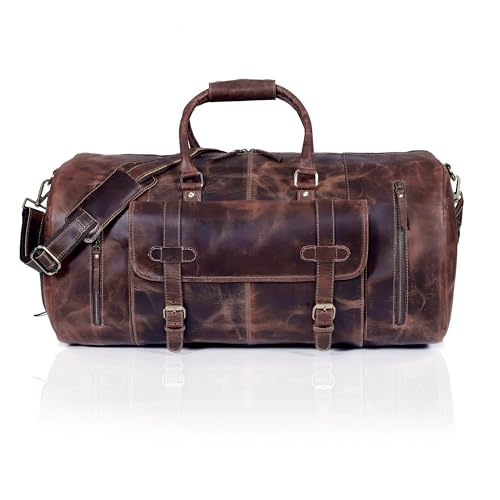 24 Inch Genuine Leather Duffle Bag for Men Travel Overnight Weekender Leather Duffel Bags Sports Gym Duffel for Men and Women Carry On Luggage for Traveling