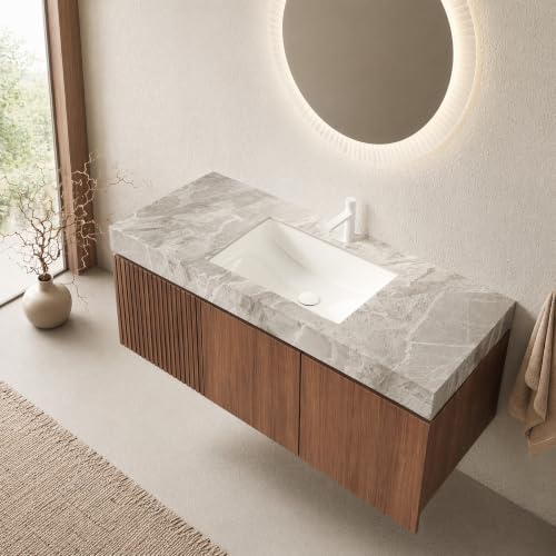 Image of 48 Inch Floating Bathroom Vanity with Sink, Modern Wall Mounted Bathroom Storage Vanity Cabinet with Sintered Stone Countertop, Brown Oak
