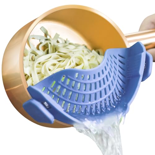 AUOON Clip on Strainer for Pots and Pans - Silicone Food Strainer for Draining Pasta, Spaghetti, Noodles, Fruits, Vegetables, Grease, Ground Beef (Blue Velvet)