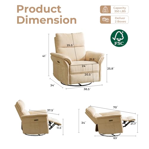 Image of Oversized Rocking Chair Nursery with Massage and Heat, Glider Recliner Nursery Chair with Adjustable Headrest, Power Swivel Rocker Recliner Chair with USB Port,Beige