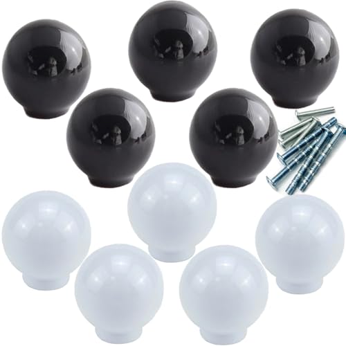 YOUYOUULU White Ceramic Ball Knobs - Round Ceramic Handles - Porcelain Drawer Knobs for Furniture Dressers, White & Black