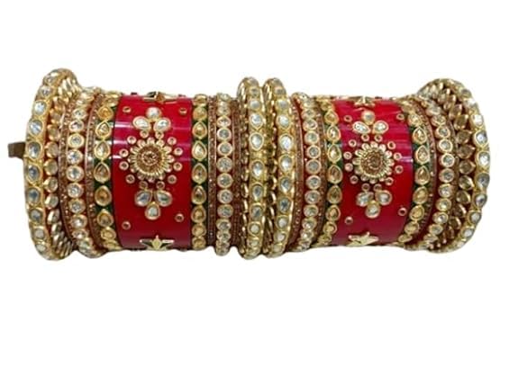Womens Beautiful Red Flower Mirror Work Plastic Punjabi Chuda/Bangles Set (Red-2-6) (B0DGGCKW5W) Amazon Price History, Amazon Price Tracker