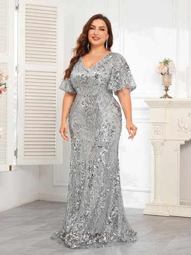 Image of Plus Size Glamous Short Sleeves Womens Sequin Dress Formal Gowns Evening Glitter Mermaid Prom Dress