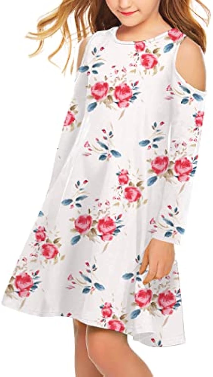 Arshiner Girls Summer Dress Short Sleeve Cold Shoulder Solid Color Swing Casual Dresses with Pockets