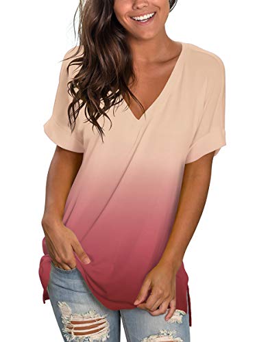 Image of Sampeel Women's V Neck T Shirts Casual Rolled Short Sleeve Side Split Summer Tops Loose Fit